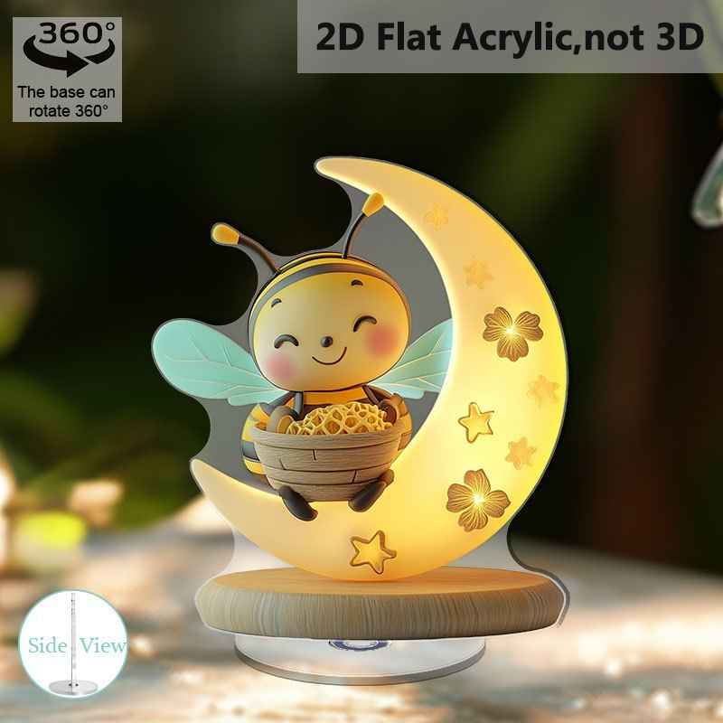 2D Flat, 2D Flat Acrylic Desktop Decor - Rotating Moonlit Bee with Warm Glow, Humorous Smiling Bee & Honeycomb Design, Durable PMMA Material, Indoor/Outdoor Home Office Decoration, No Electricity Needed, Little Bee Lamp, Bee