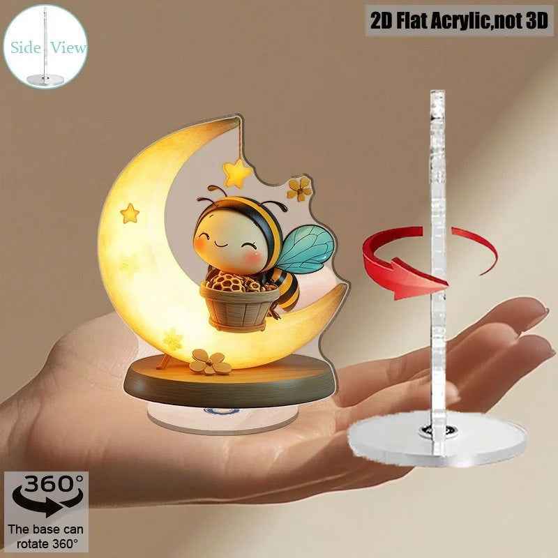 2D Flat, Spinning Bee on Crescent Moon Desk Decor - No Battery Needed, 360° Rotating Base with Glossy Acrylic Construction, Cute Tabletop Decoration for Home, Office, Parties - Perfect Housewarming or Wedding Gift for Bee Lo