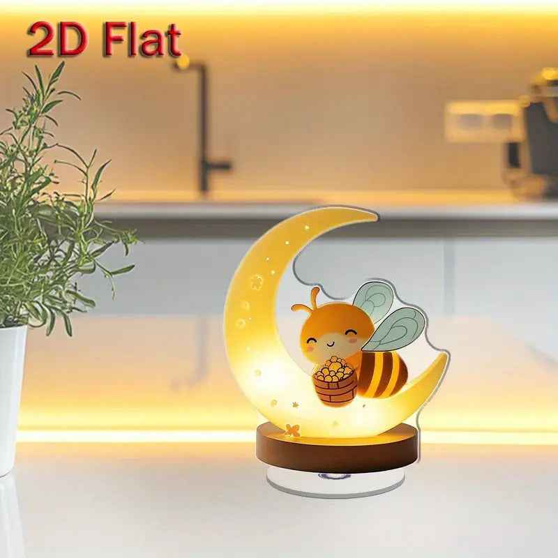 2D Flat, 2D Flat Acrylic Bee Night Light with Crescent Moon & Brown Base - 360° Rotating Cute Cartoon Bee Design, No Electricity Needed for Indoor/Outdoor Bedroom Decor - Ideal Gift for Home, Housewarming, Birthdays, 2D Flat