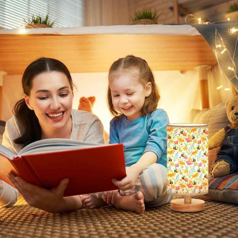Festive Christmas & Year-Round LED Table Lamp with Warm White Light - Elegant Beige/Brown Floral Fabric Shade & Bee/ Motif, Soft Glow Bedside Light for Bedroom, Dorm, - -like Plug-and-Play Button Control (Wood