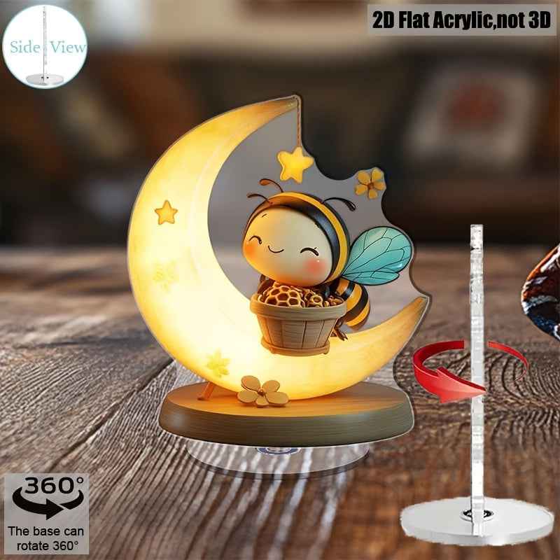 2D Flat, Spinning Bee on Crescent Moon Desk Decor - No Battery Needed, 360° Rotating Base with Glossy Acrylic Construction, Cute Tabletop Decoration for Home, Office, Parties - Perfect Housewarming or Wedding Gift for Bee Lo