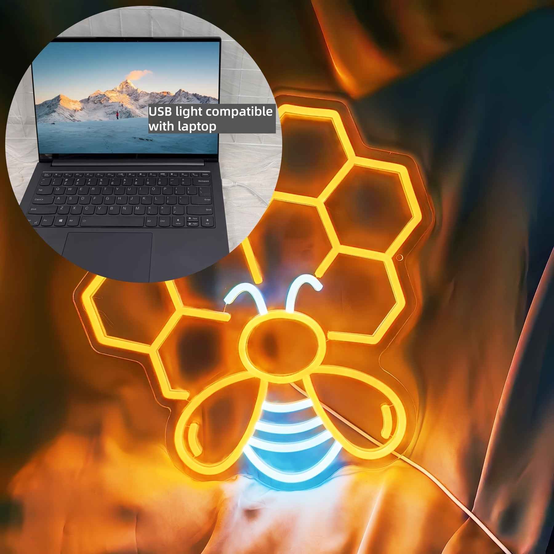 FOMZZE Cute Bee Neon Sign, USB Dimmable LED Light Up Sign, Creative Aesthetic Room Decor, with USB Light Compatible with Laptop, for Bedroom, Home Party, Birthday Gift, Wall Decor