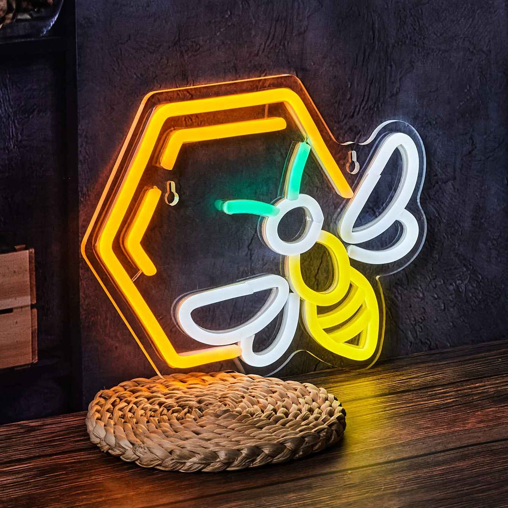 1pc Bee & Honeycomb LED Neon Sign - USB Powered Wall Art with Warm Yellow Glow, Modern Plastic Design for Home Decor, Parties, and Gifts, Unique Gift Item | Modern Neon Art | Plastic LED Sign, Neon Signs for Wall Decor