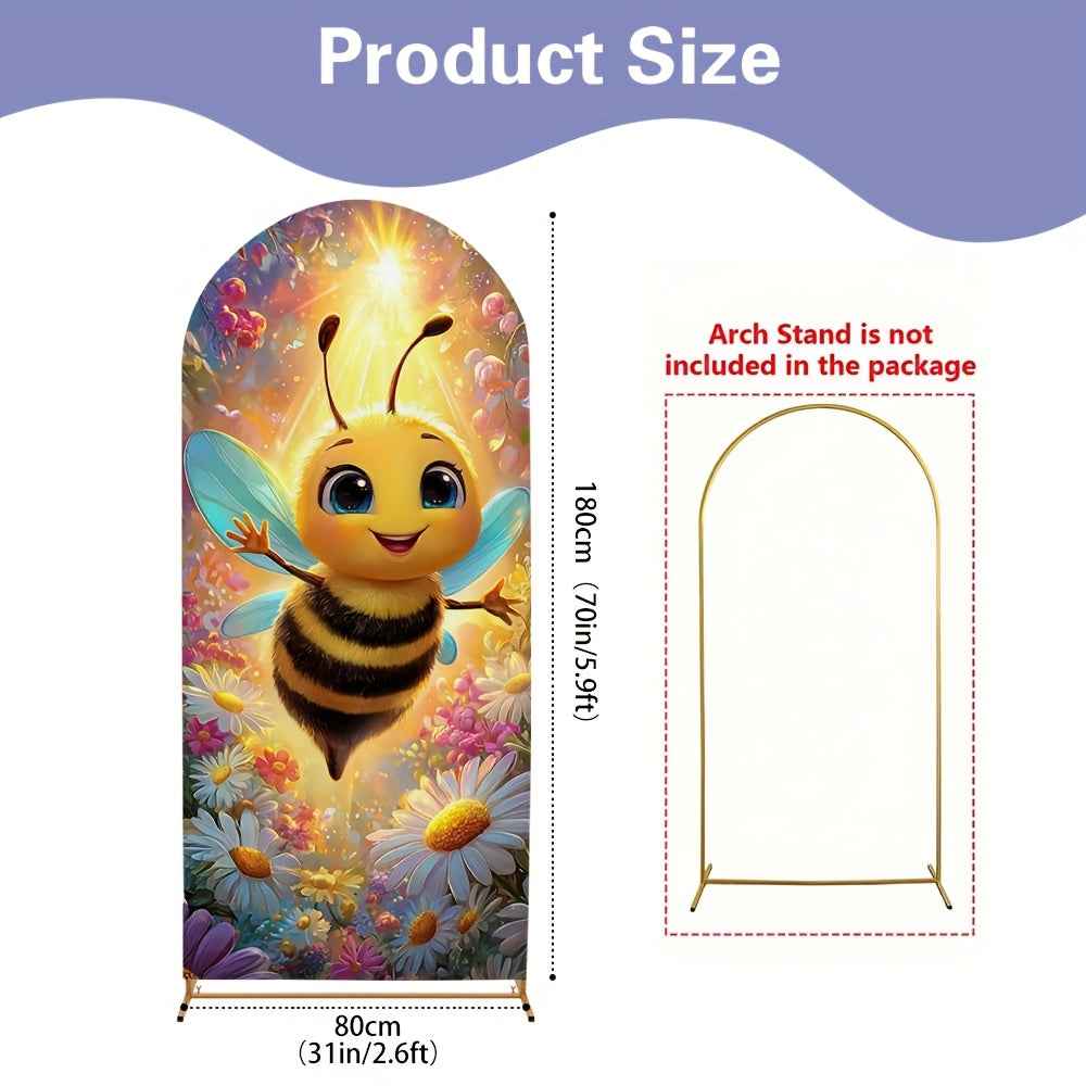 2D Flat, 1pc Cute Bee & Flower Arch Backdrop with Smiling Bees, Bumblebee & Honeycomb Patterns - Stretchable Birthday Party, Wedding, Shower Decorations - Room Theme (Pink/Green/Yellow), 2D Flat