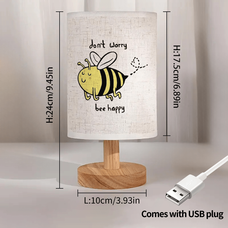 Modern USB Powered Linen Table Lamp with Cute Bee Pattern, Bedside Decorative Desk Light for Living Room and Bedroom, Best Gift for Family and Friends