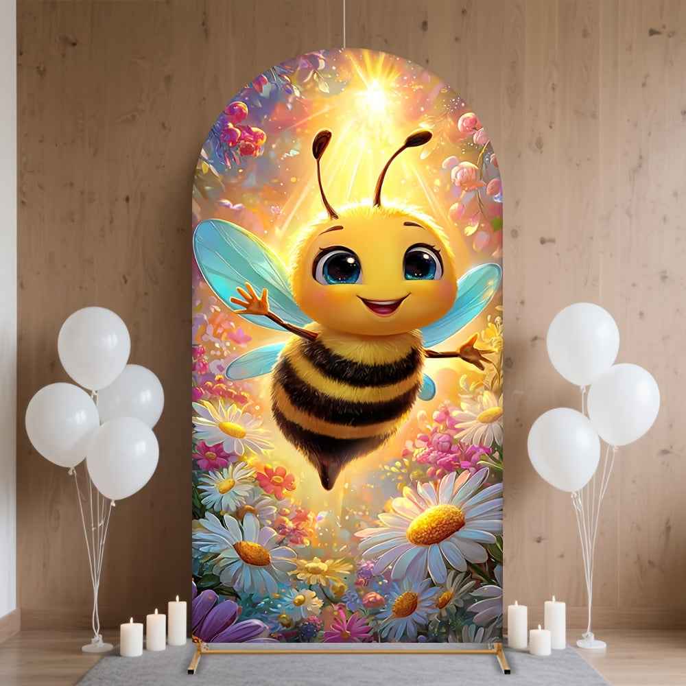 2D Flat, 1pc Cute Bee & Flower Arch Backdrop with Smiling Bees, Bumblebee & Honeycomb Patterns - Stretchable Birthday Party, Wedding, Shower Decorations - Room Theme (Pink/Green/Yellow), 2D Flat