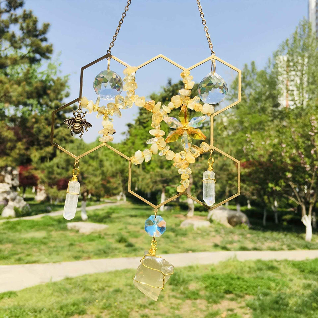 Enchanting Honeycomb Design Sun Catcher with Crystals & Bees - Metal Hanging Decor for Garden, Bedroom, Window, Balcony - Ideal Mother'S Day Gift, Garden Decor|Fantasy Theme|Intricate Craftsmanship, Outdoor Decor