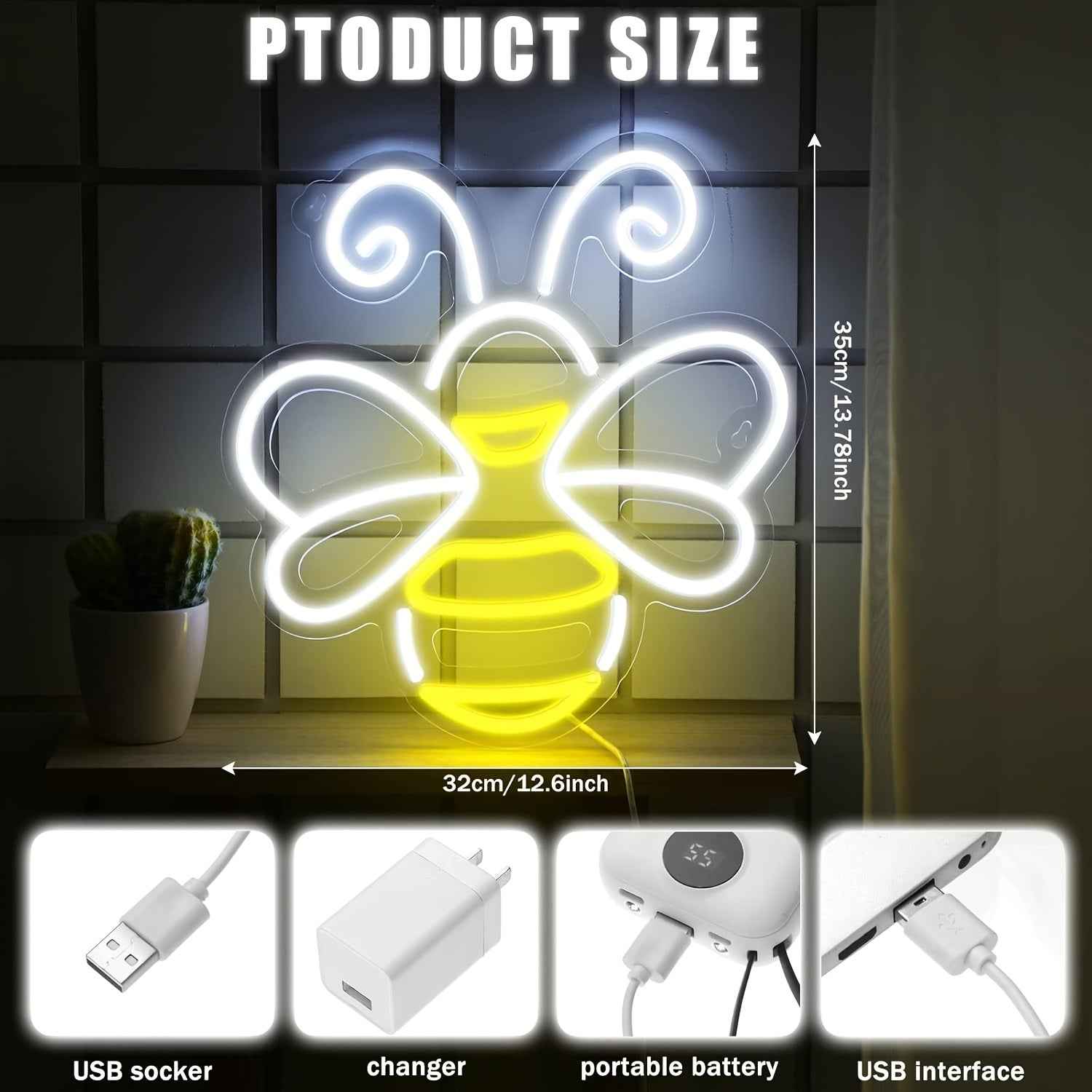 LED Neon Bee & Honeycomb Wall - USB-Powered Plug-in Glow Room,, Bee-Themed Party Decor, Durable Plastic Hanging Bee Sign with Switch Control, No, Bedside (White Glow, USB-Powered Fixture