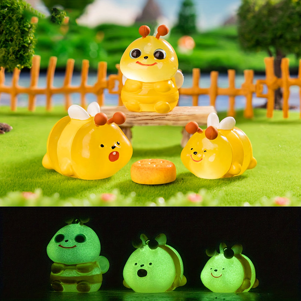 3pcs Glow-in-the-Dark Bees Light Figurines - Adorable Cartoon-Style Decor for Home, Party, and Garden