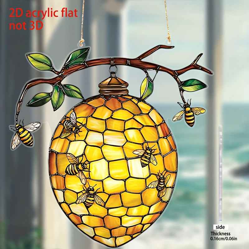 1pc, 2D Flat Vibrant Beehive and Bee Acrylic Suncatcher - Stained Glass Style Window Hanging, Great for Garden and Home Decoration, Perfect Birthday and Holiday Gift
