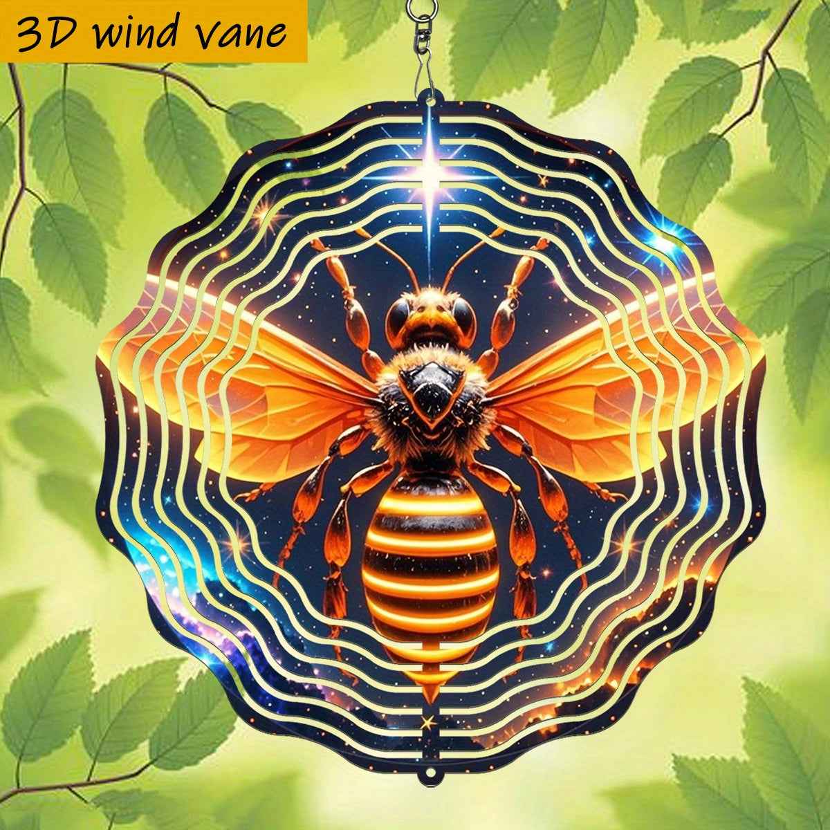 1pc 3D Glowing Bee in Starry Night Sky Iron Hanging Ornament - 10in Dual-Sided Rotating Wind Spinner with 360° Motion, No Batteries/Electricity, All-Season Indoor/Outdoor Decoration for Garden, Weddings, Christmas, Easter &
