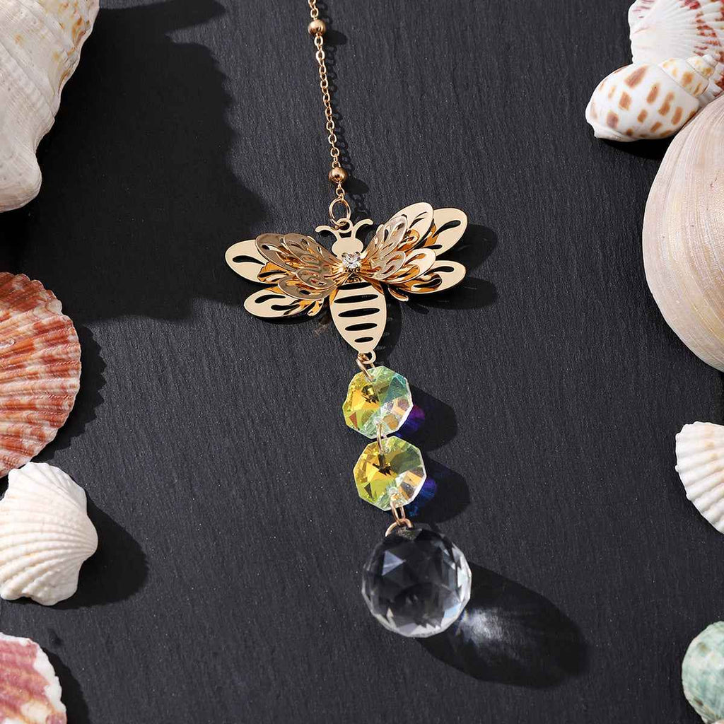 1pc Honey Bee Wind Chime - Metallic Spinning Suncatcher with Colorful Crystals, Bumblebee Garden Art Decor, Perfect for Indoor & Outdoor Ornament, Ideal Beekeeper or Gardener Gift, Crystal Prism Design for Year-Round Use, Bee