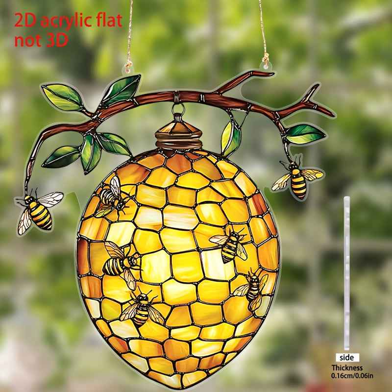 1pc, 2D Flat Vibrant Beehive and Bee Acrylic Suncatcher - Stained Glass Style Window Hanging, Great for Garden and Home Decoration, Perfect Birthday and Holiday Gift