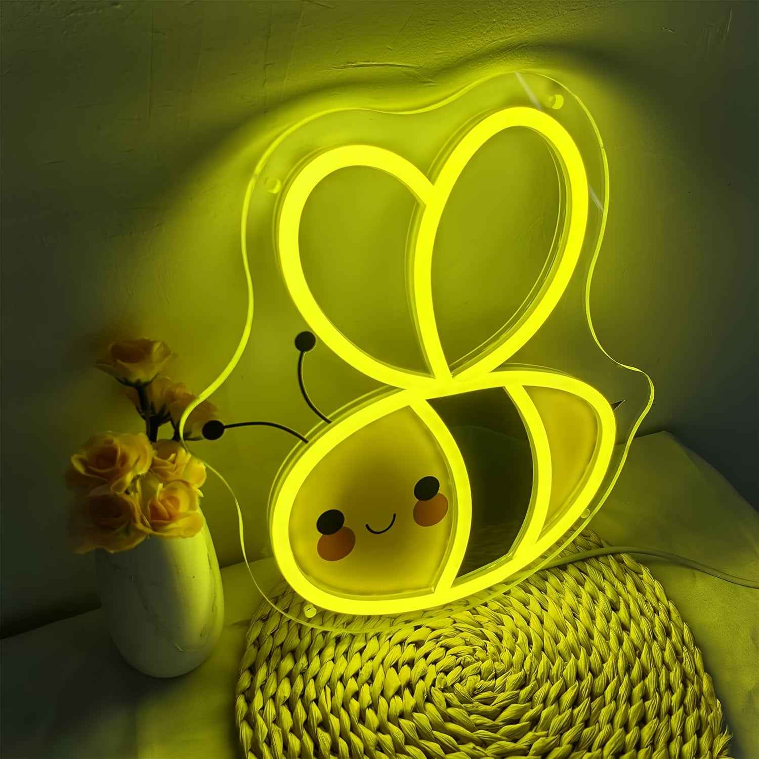 Cute Honey Bee Neon Light - USB-Powered Wall Art with Glowing Yellow & White Stripes, Playful Cartoon Design for Home, Party, or Commercial Decor, Bee Decor, Party Lighting, Whimsical Lighting, USB Powered Light