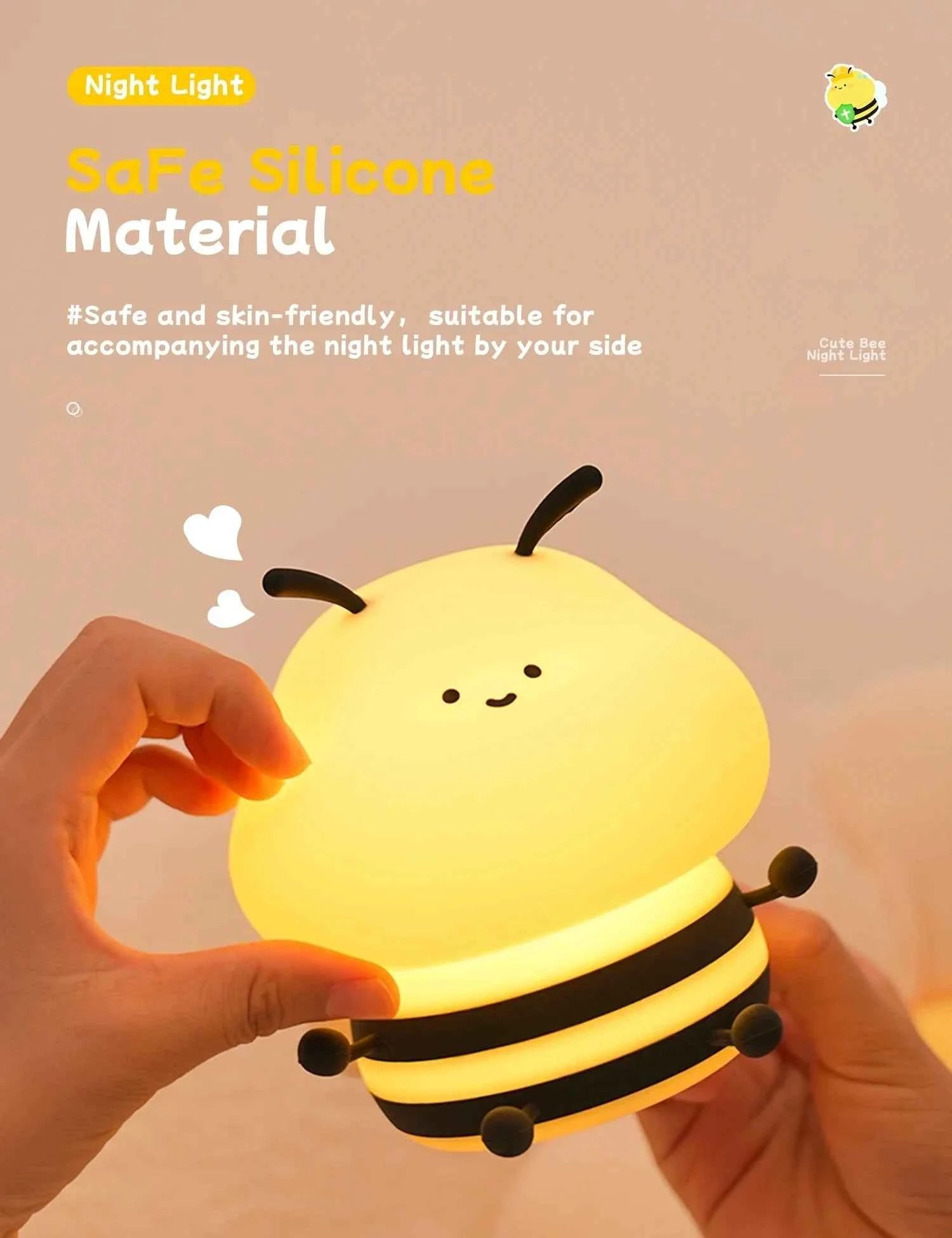 Cute LED Night light Bee Cartoon Animals Silicone Lamp for Children Kid Touch Sensor Timing USB Rechargeable For Birthday Gifts