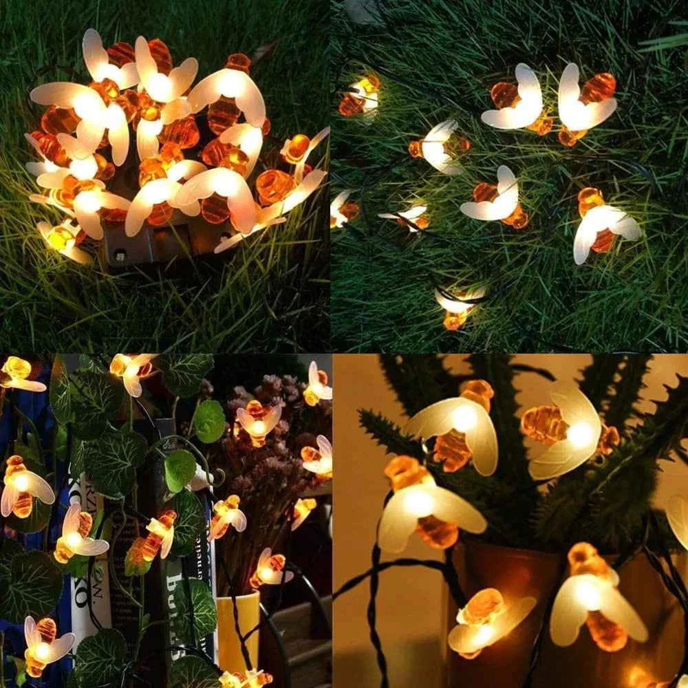 Solar Bee LED String Lights Outdoor Holiday Party Lighting Night Lamp for Garden Tree Fence Balcony Christmas Wedding Decoration