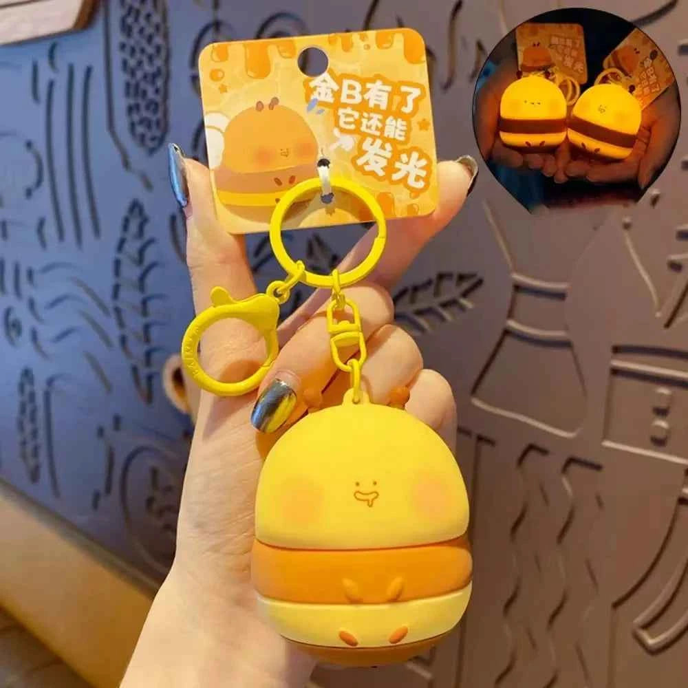 Portable Kawaii Bee Night Light With Keychain Cartoon Honeybee Lamp Car Key RingBag Decor Room nightlight Cute Kid Student Gift