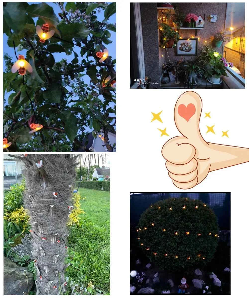 Solar Bee LED String Lights Outdoor Holiday Party Lighting Night Lamp for Garden Tree Fence Balcony Christmas Wedding Decoration
