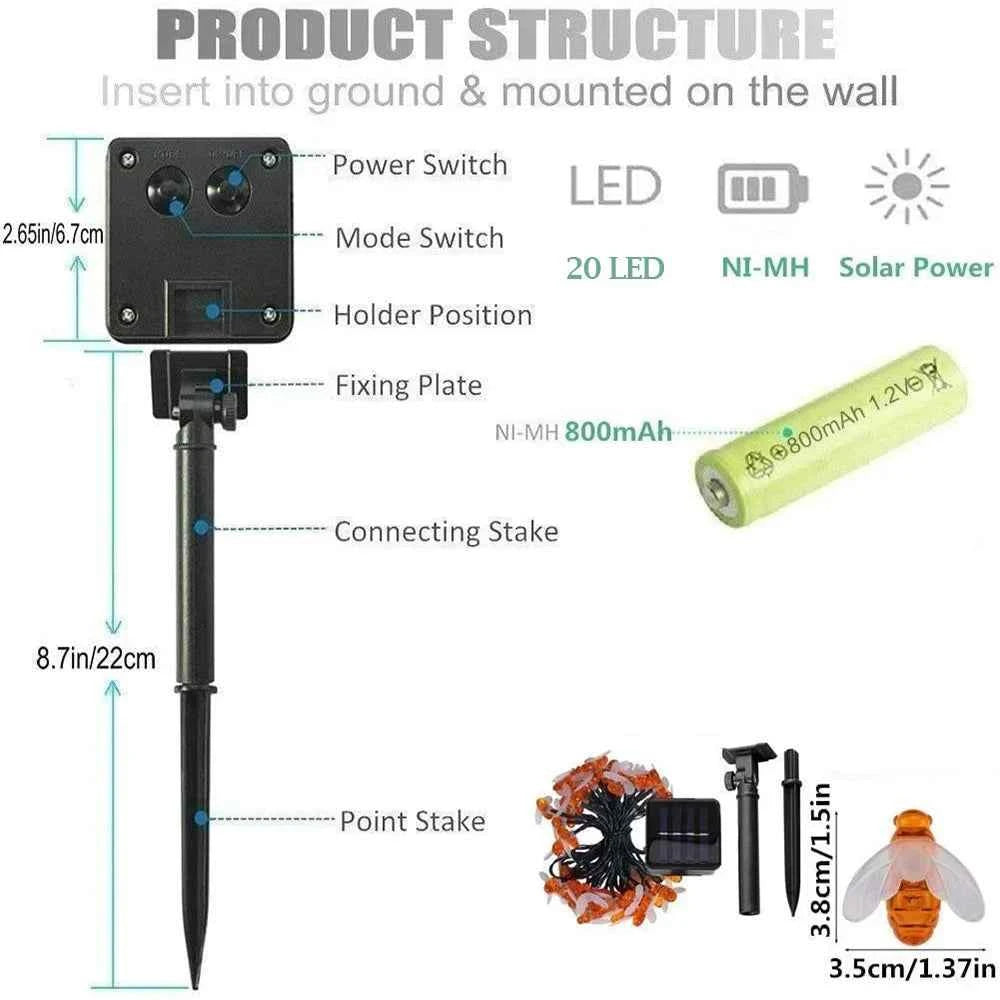 Solar Bee LED String Lights Outdoor Holiday Party Lighting Night Lamp for Garden Tree Fence Balcony Christmas Wedding Decoration