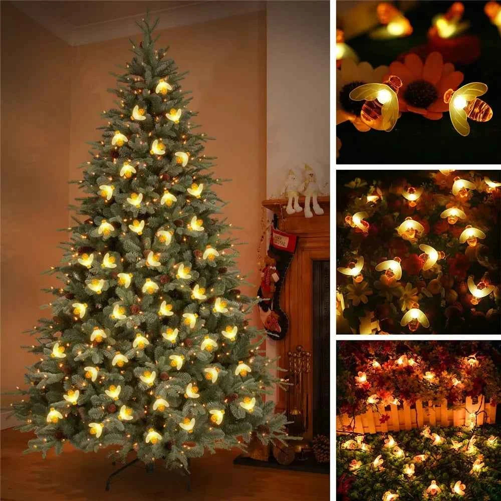 Solar Bee LED String Lights Outdoor Holiday Party Lighting Night Lamp for Garden Tree Fence Balcony Christmas Wedding Decoration