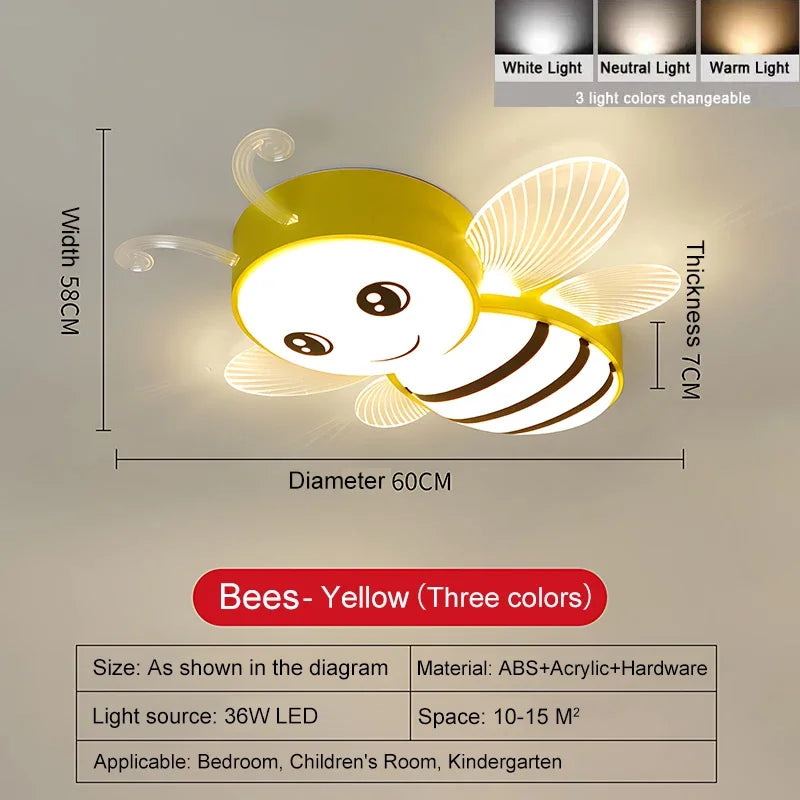 New Children's Room Ceiling Bees Light - Simple Modern Cartoon Rainbow Cloud Bedroom Light with Remote Control