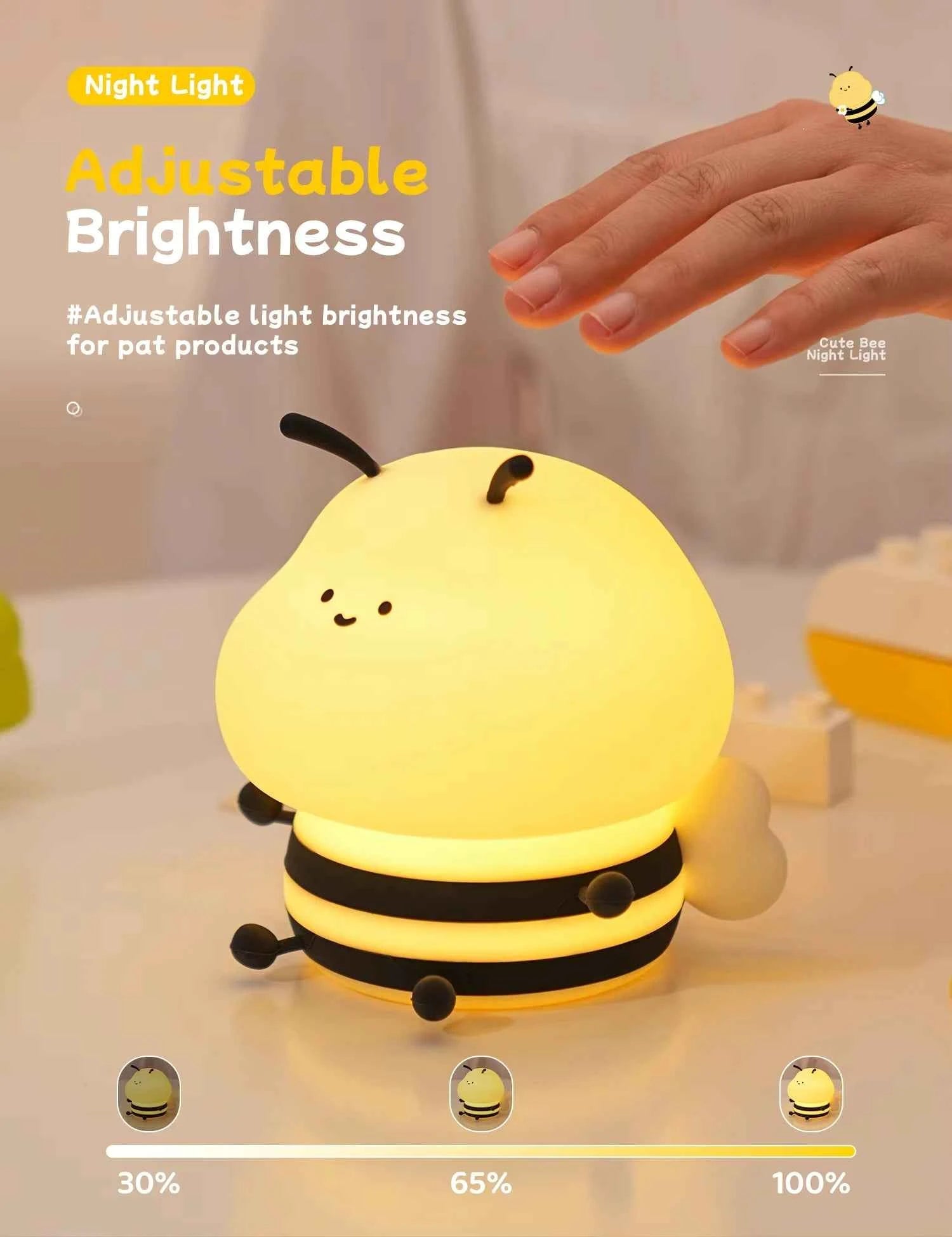 Cute LED Night light Bee Cartoon Animals Silicone Lamp for Children Kid Touch Sensor Timing USB Rechargeable For Birthday Gifts
