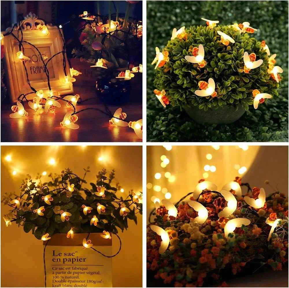 Solar Bee LED String Lights Outdoor Holiday Party Lighting Night Lamp for Garden Tree Fence Balcony Christmas Wedding Decoration