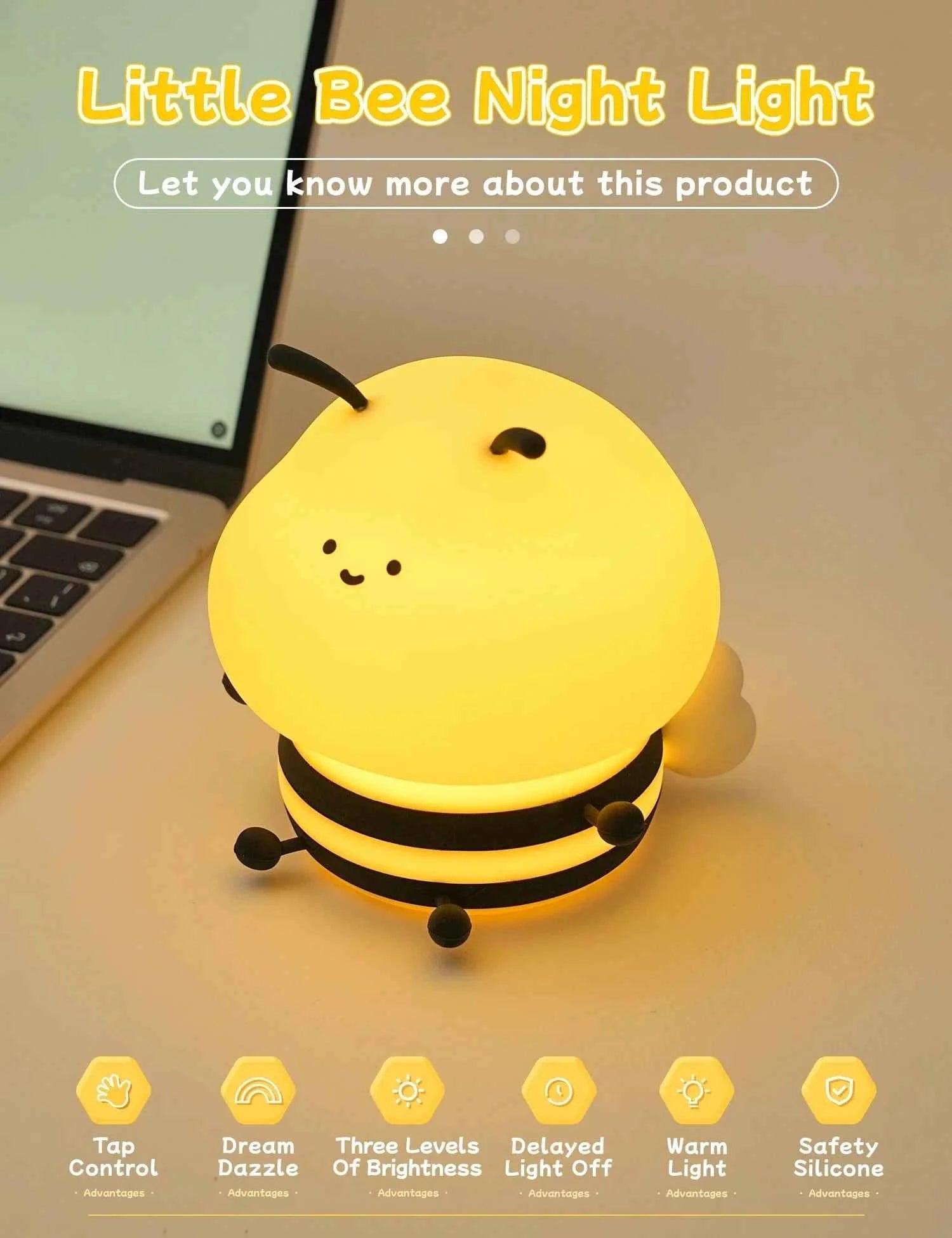 Cute LED Night light Bee Cartoon Animals Silicone Lamp for Children Kid Touch Sensor Timing USB Rechargeable For Birthday Gifts