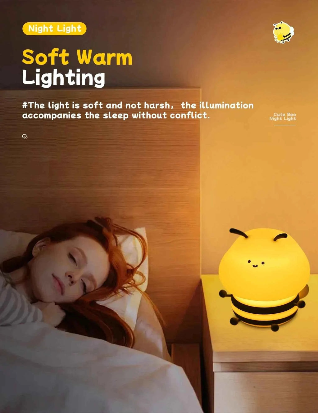 Cute LED Night light Bee Cartoon Animals Silicone Lamp for Children Kid Touch Sensor Timing USB Rechargeable For Birthday Gifts