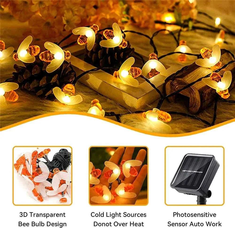 Solar Bee LED String Lights Outdoor Holiday Party Lighting Night Lamp for Garden Tree Fence Balcony Christmas Wedding Decoration