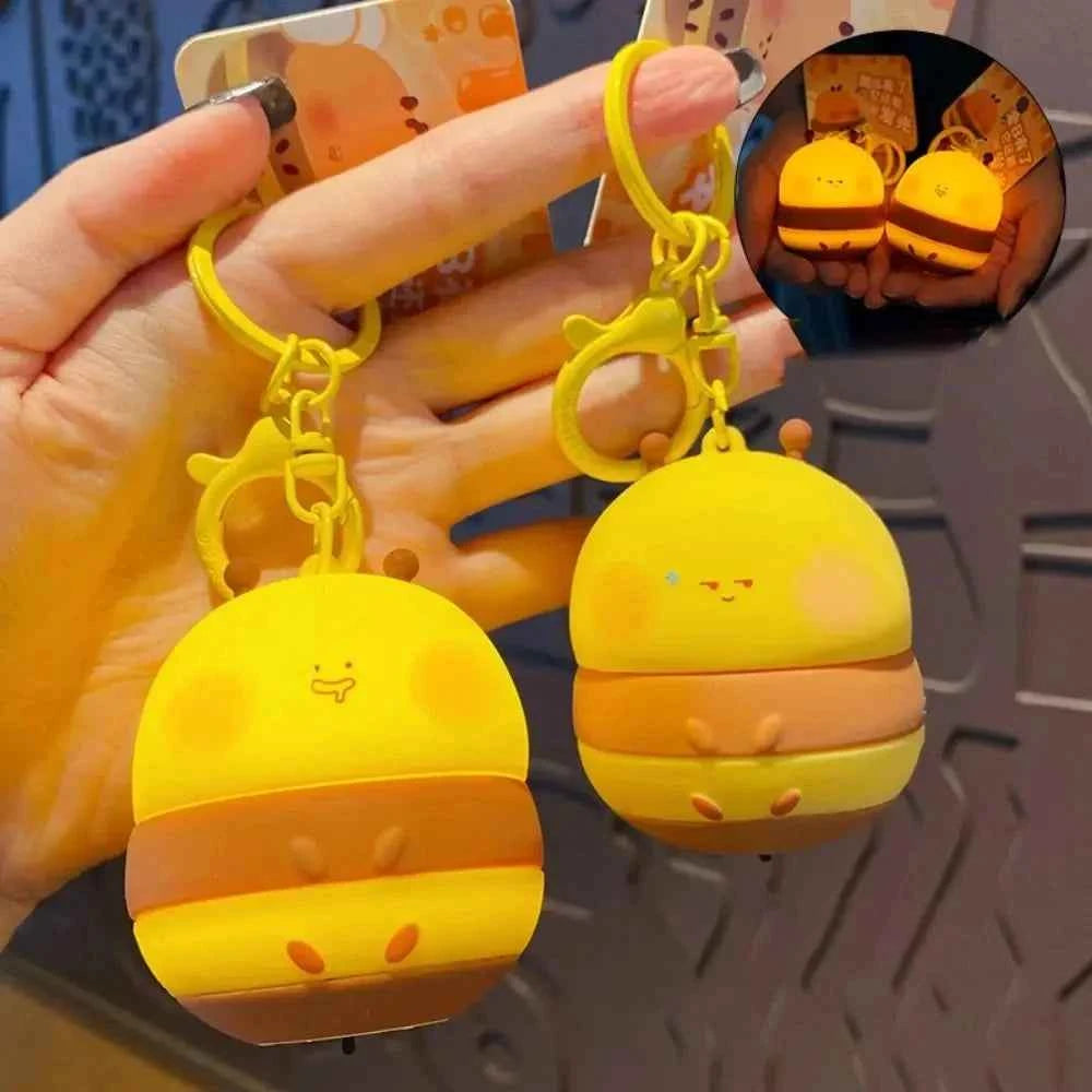 Portable Kawaii Bee Night Light With Keychain Cartoon Honeybee Lamp Car Key RingBag Decor Room nightlight Cute Kid Student Gift