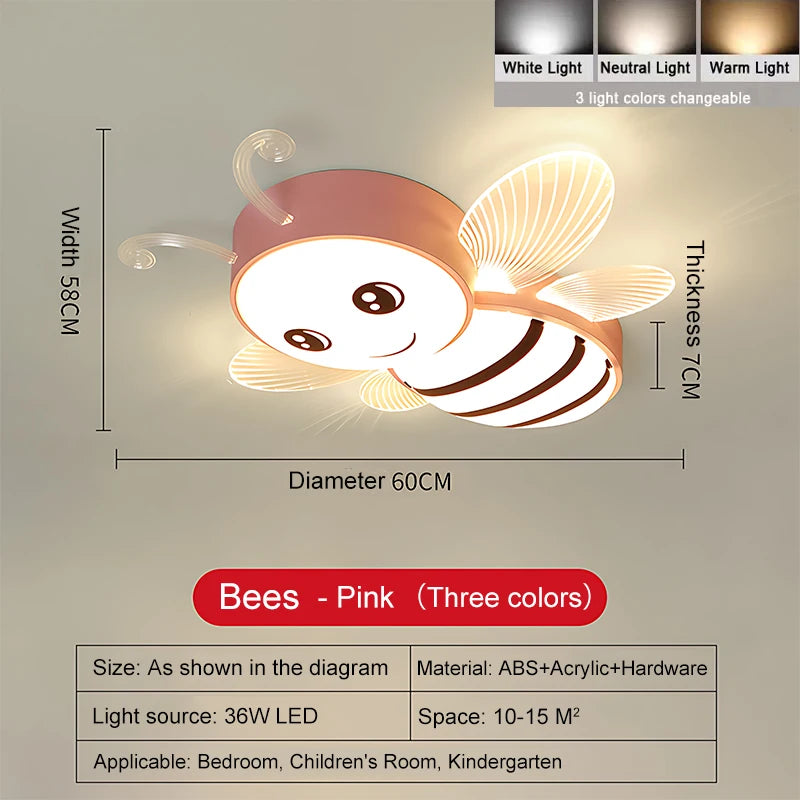 New Children's Room Ceiling Bees Light - Simple Modern Cartoon Rainbow Cloud Bedroom Light with Remote Control