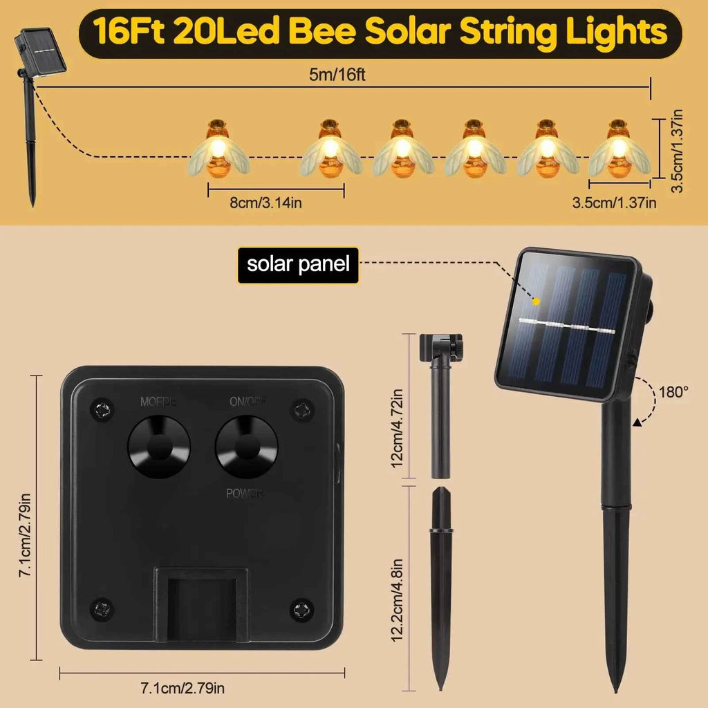 Solar Bee LED String Lights Outdoor Holiday Party Lighting Night Lamp for Garden Tree Fence Balcony Christmas Wedding Decoration