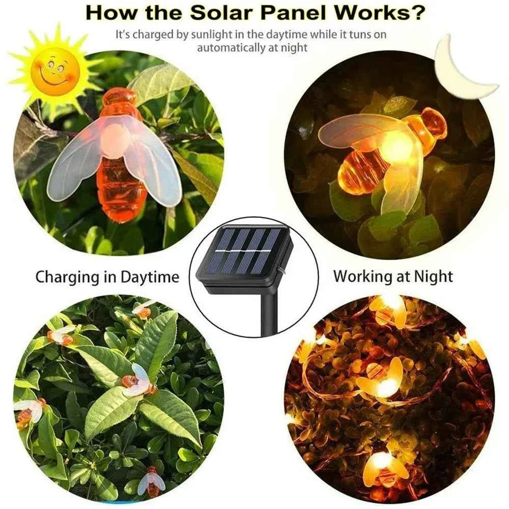 Solar Bee LED String Lights Outdoor Holiday Party Lighting Night Lamp for Garden Tree Fence Balcony Christmas Wedding Decoration