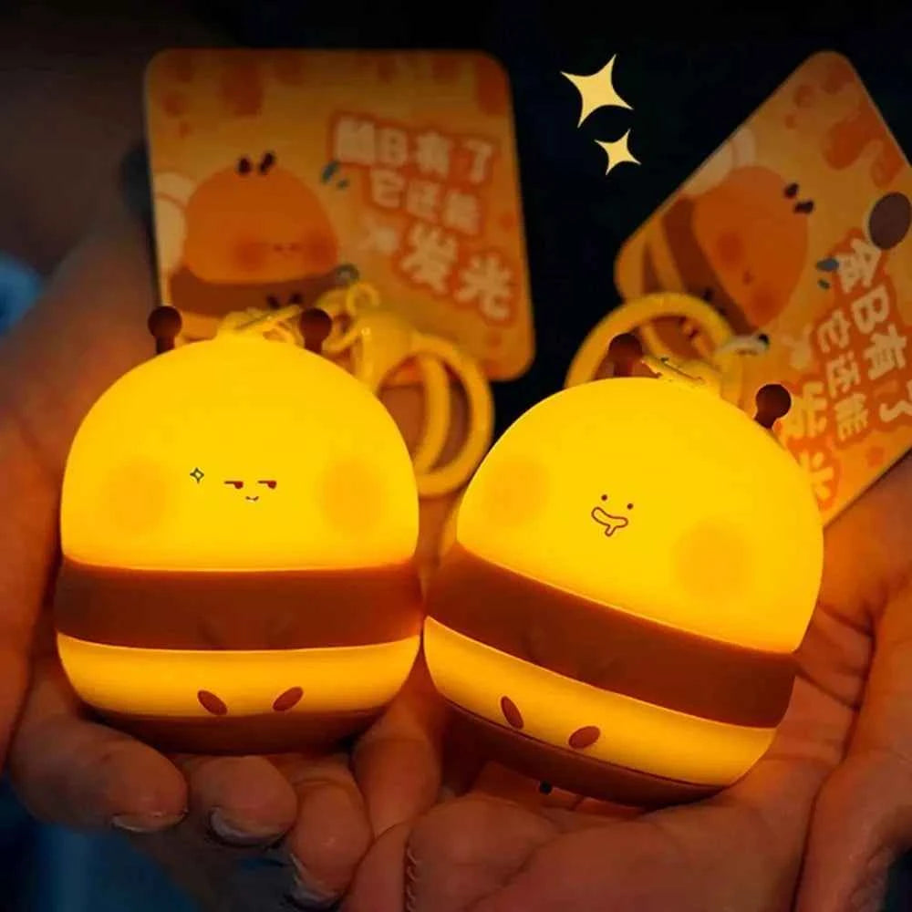 Portable Kawaii Bee Night Light With Keychain Cartoon Honeybee Lamp Car Key RingBag Decor Room nightlight Cute Kid Student Gift
