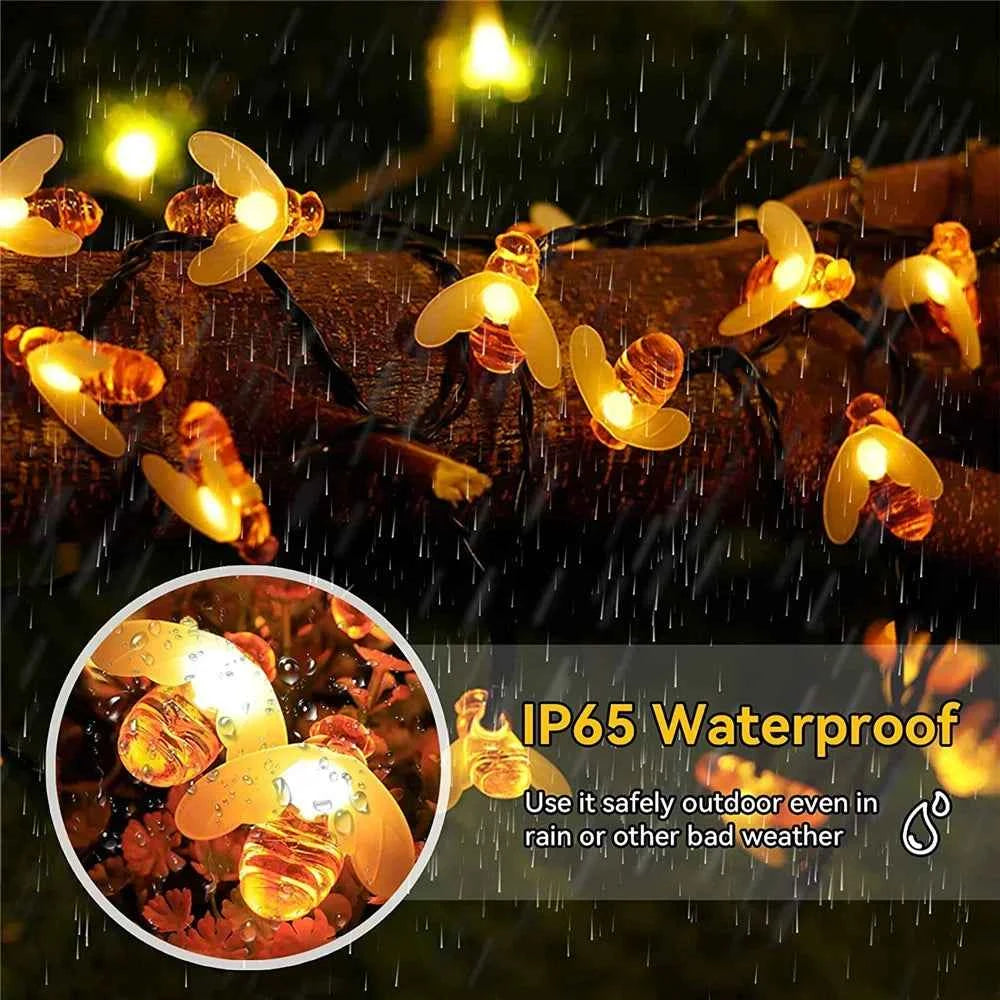 Solar Bee LED String Lights Outdoor Holiday Party Lighting Night Lamp for Garden Tree Fence Balcony Christmas Wedding Decoration
