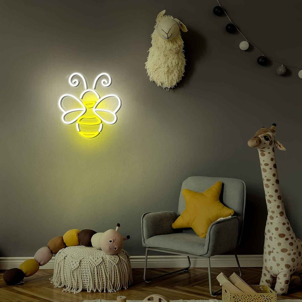 LED Neon Bee & Honeycomb Wall - USB-Powered Plug-in Glow Room,, Bee-Themed Party Decor, Durable Plastic Hanging Bee Sign with Switch Control, No, Bedside (White Glow, USB-Powered Fixture