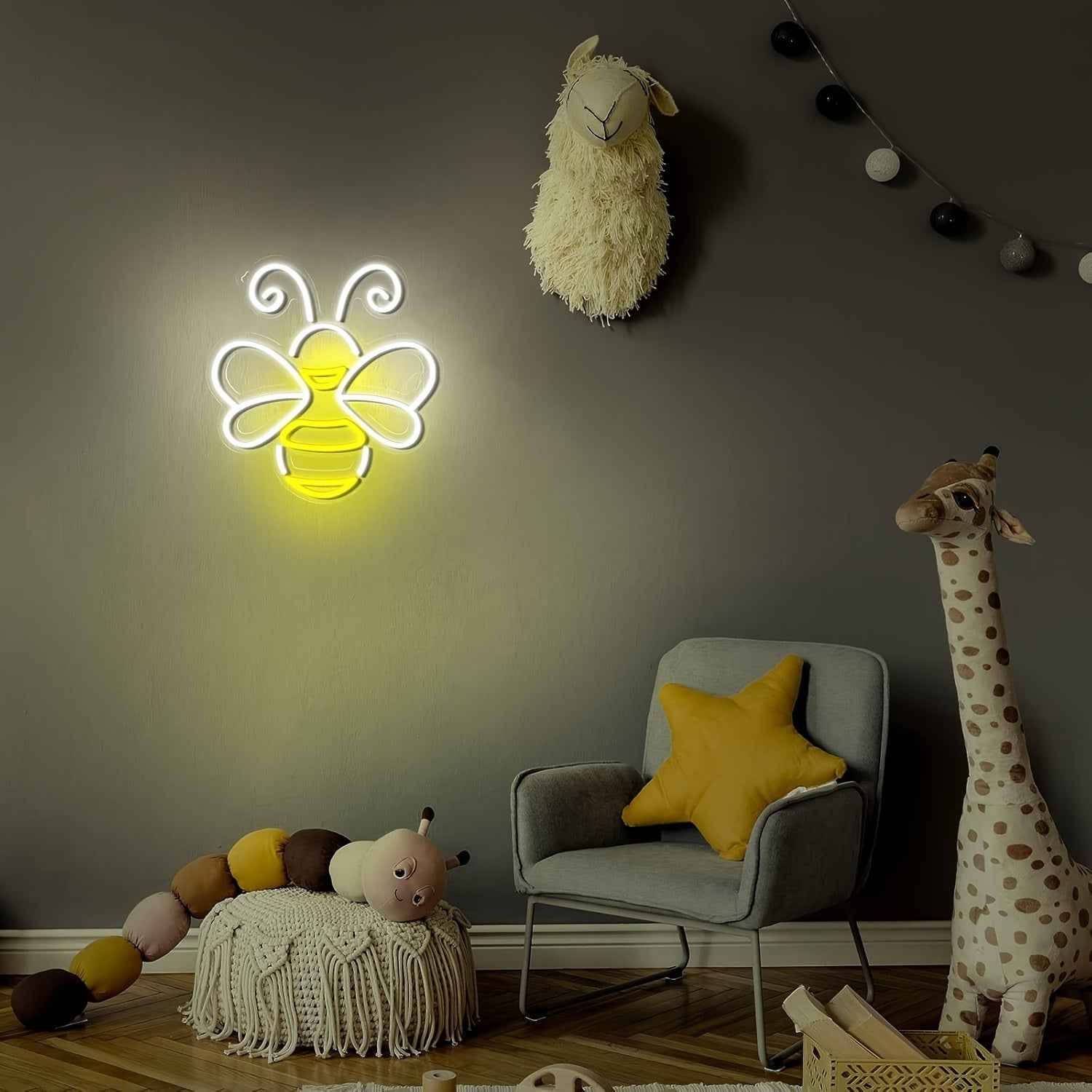 LED Neon Bee & Honeycomb Wall - USB-Powered Plug-in Glow Room,, Bee-Themed Party Decor, Durable Plastic Hanging Bee Sign with Switch Control, No, Bedside (White Glow, USB-Powered Fixture