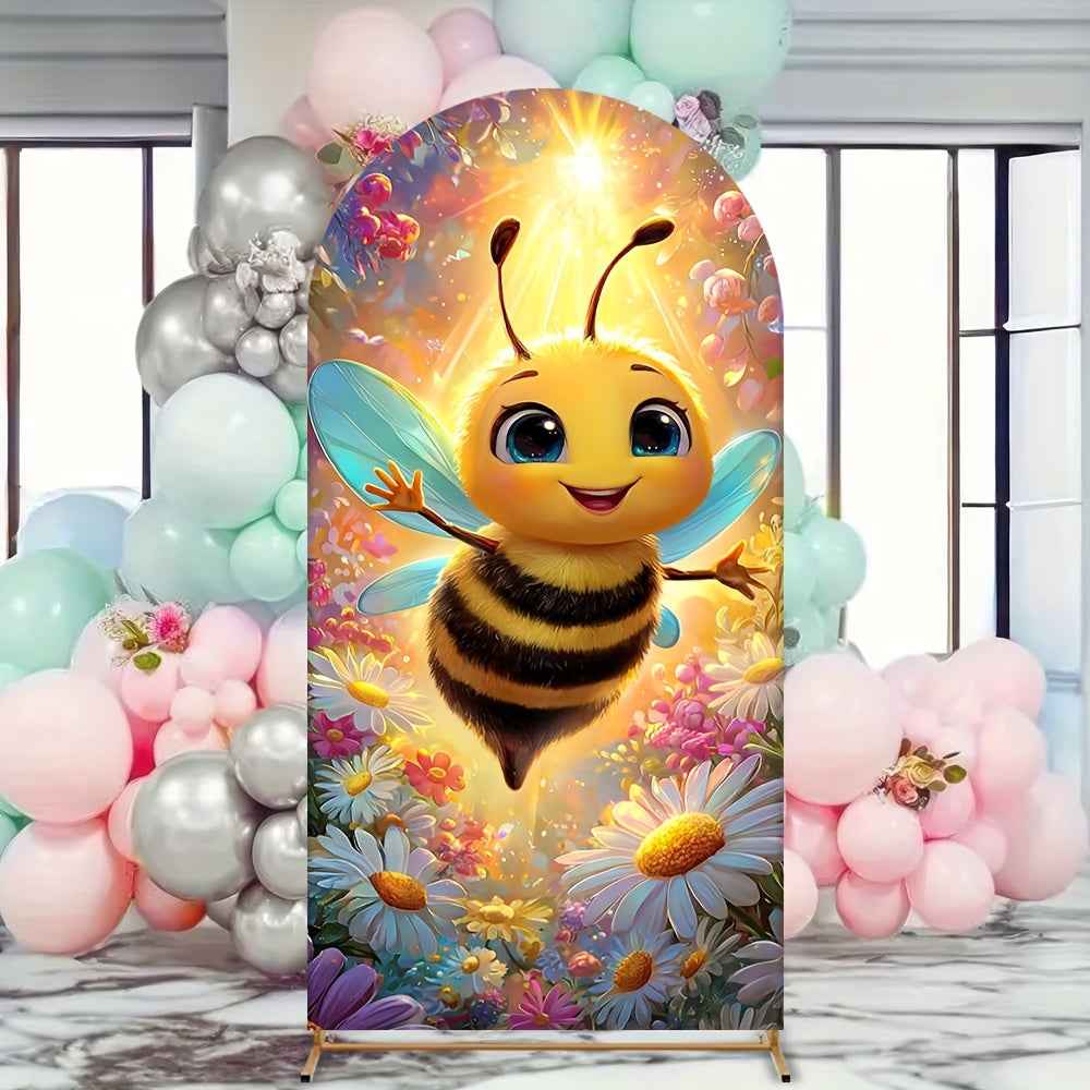 2D Flat, 1pc Cute Bee & Flower Arch Backdrop with Smiling Bees, Bumblebee & Honeycomb Patterns - Stretchable Birthday Party, Wedding, Shower Decorations - Room Theme (Pink/Green/Yellow), 2D Flat