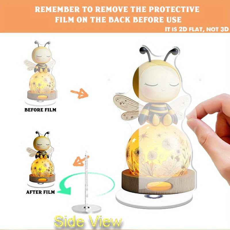 2D Flat, 2D Flat Print Rotating Acrylic Figurine Featuring A Cute Plush-Like Bee On A Glowing Spherical Lamp for Enhancing Home Ambiance As A Thoughtful Gift for Special Occasions, 2D Flat