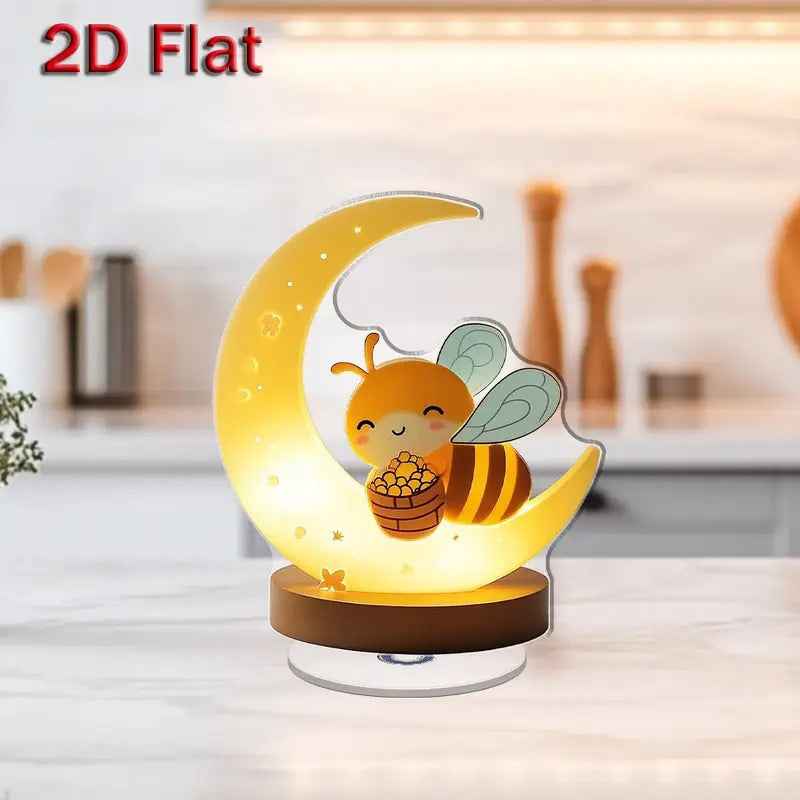 2D Flat, 2D Flat Acrylic Bee Night Light with Crescent Moon & Brown Base - 360° Rotating Cute Cartoon Bee Design, No Electricity Needed for Indoor/Outdoor Bedroom Decor - Ideal Gift for Home, Housewarming, Birthdays, 2D Flat