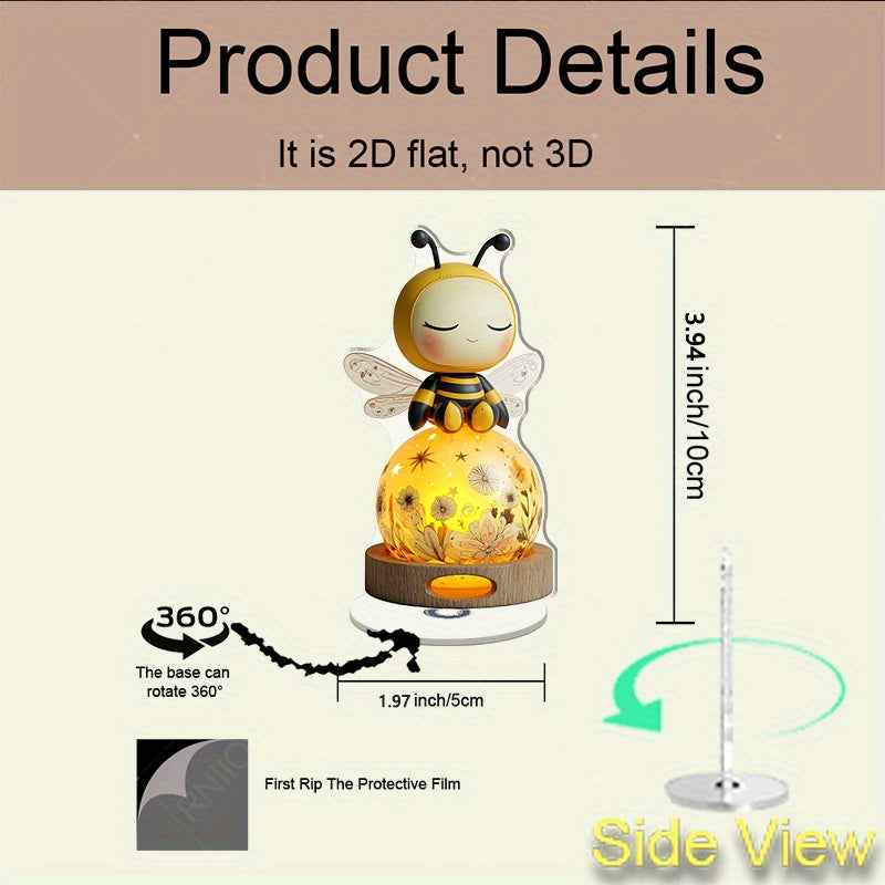 2D Flat, 2D Flat Print Rotating Acrylic Figurine Featuring A Cute Plush-Like Bee On A Glowing Spherical Lamp for Enhancing Home Ambiance As A Thoughtful Gift for Special Occasions, 2D Flat