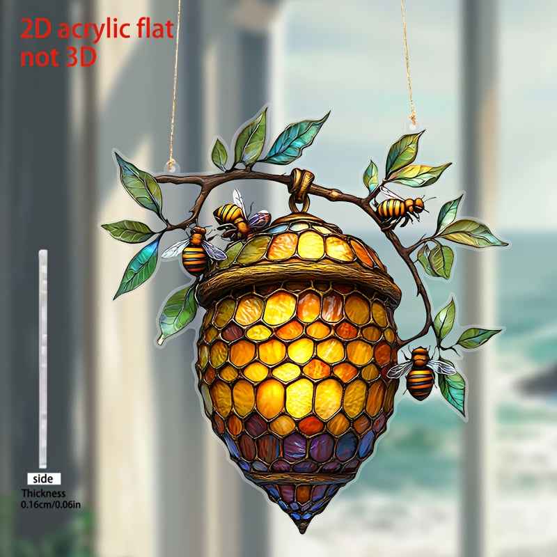 1pc, 2D Flat Vibrant Beehive and Bee Acrylic Suncatcher - Stained Glass Style Window Hanging, Great for Garden and Home Decoration, Perfect Birthday and Holiday Gift