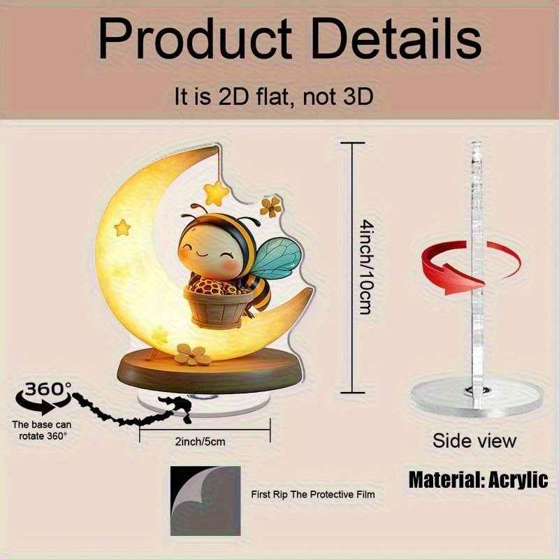 2D Flat, Spinning Bee on Crescent Moon Desk Decor - No Battery Needed, 360° Rotating Base with Glossy Acrylic Construction, Cute Tabletop Decoration for Home, Office, Parties - Perfect Housewarming or Wedding Gift for Bee Lo