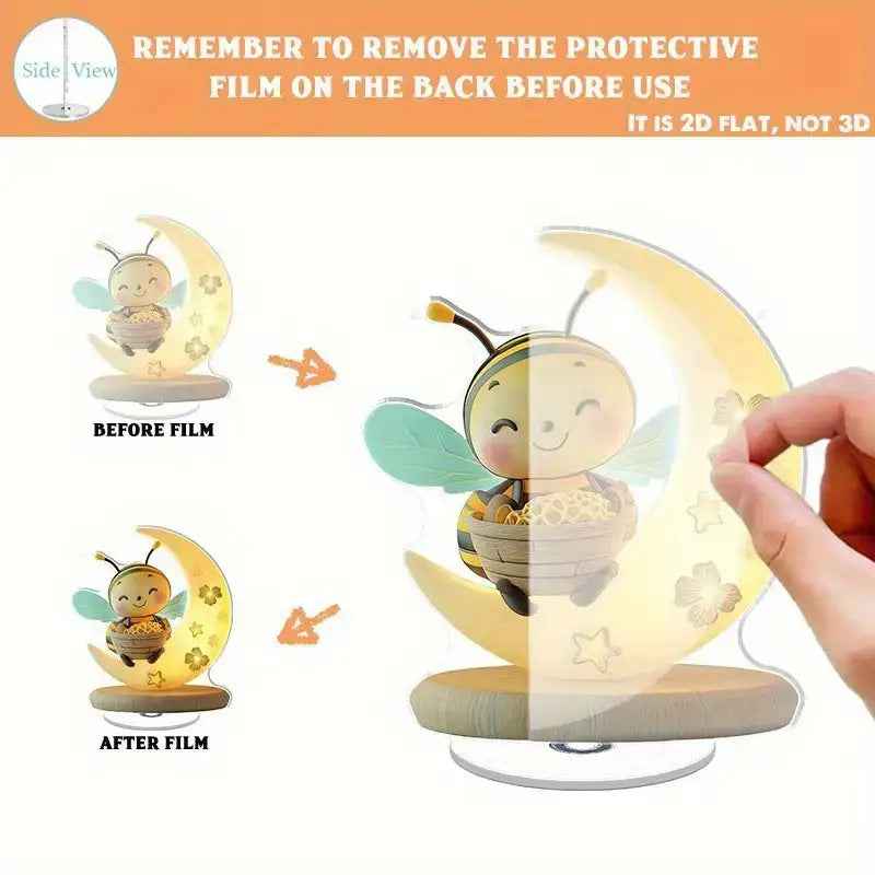 2D Flat, 2D Flat Acrylic Desktop Decor - Rotating Moonlit Bee with Warm Glow, Humorous Smiling Bee & Honeycomb Design, Durable PMMA Material, Indoor/Outdoor Home Office Decoration, No Electricity Needed, Little Bee Lamp, Bee
