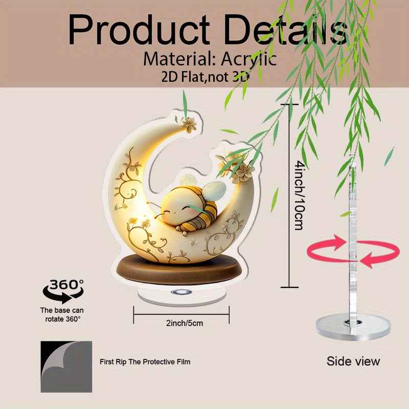 2D Flat Acrylic Tabletop Display Plaque, A Cute Bee Sleeping On A Moon-Shaped Decorative Lamp, Rotatable, With Base