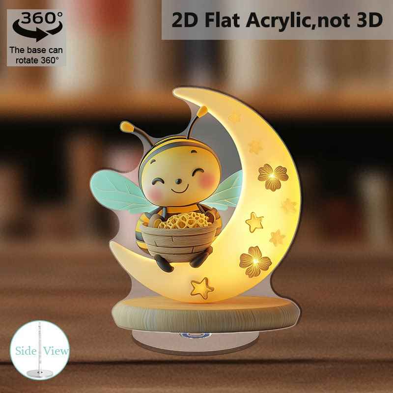2D Flat, 2D Flat Acrylic Desktop Decor - Rotating Moonlit Bee with Warm Glow, Humorous Smiling Bee & Honeycomb Design, Durable PMMA Material, Indoor/Outdoor Home Office Decoration, No Electricity Needed, Little Bee Lamp, Bee