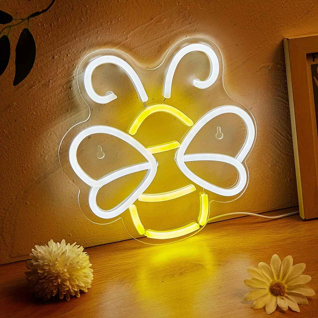 1pc Bee Neon Sign, USB Powered LED Wall Hanging Light with Switch Control, Plastic Material, Multipurpose Room Decor for Bedroom, Party, Wedding - No Battery Required