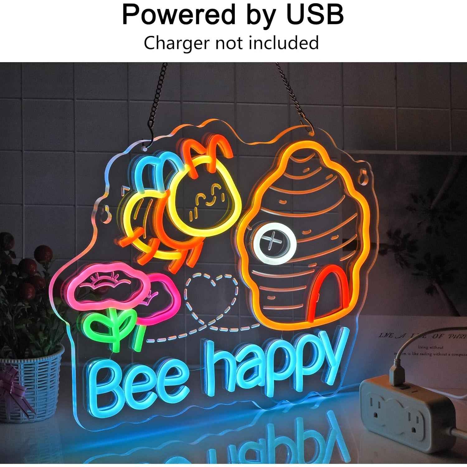 Happy Bee LED Dimmable Neon Light, Suitable for Restaurants, Shops, Bars, Cafes, Parties, Bedrooms, and Home Decorations, USB Powered, Usb Powered Decor, Retail Display Illumination, Color Changing Light, Decorative Neon Tube