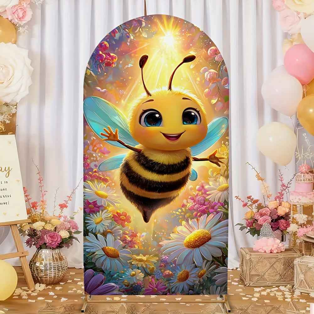 2D Flat, 1pc Cute Bee & Flower Arch Backdrop with Smiling Bees, Bumblebee & Honeycomb Patterns - Stretchable Birthday Party, Wedding, Shower Decorations - Room Theme (Pink/Green/Yellow), 2D Flat